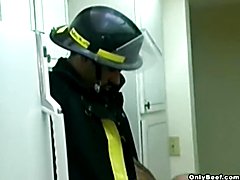 A beefy fire fighter pulls out his junk and gets a sloppy blowjob.
