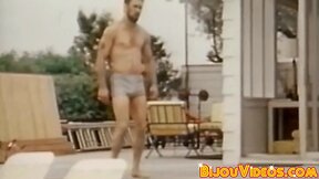 Bearded retro homosexual strokes while his bum buddies blow