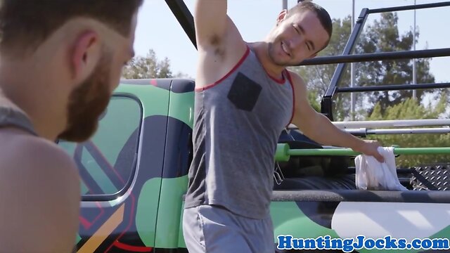 Assfucked fitness hunk drops his milky load