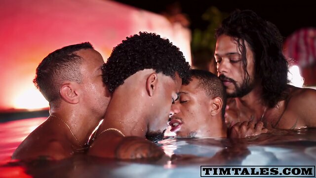 Wild outdoor 4way with anal action: ebony and latino hunks share big cocks and cumshots in rio night